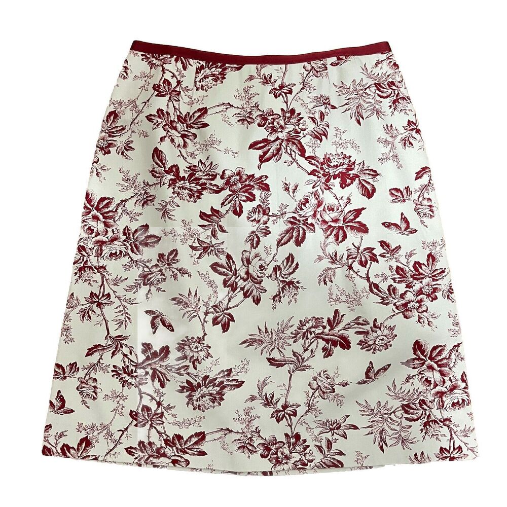 Eddie Bauer Knee Length Skirt Size 6 Petite Beige Red French Print Floral Pencil